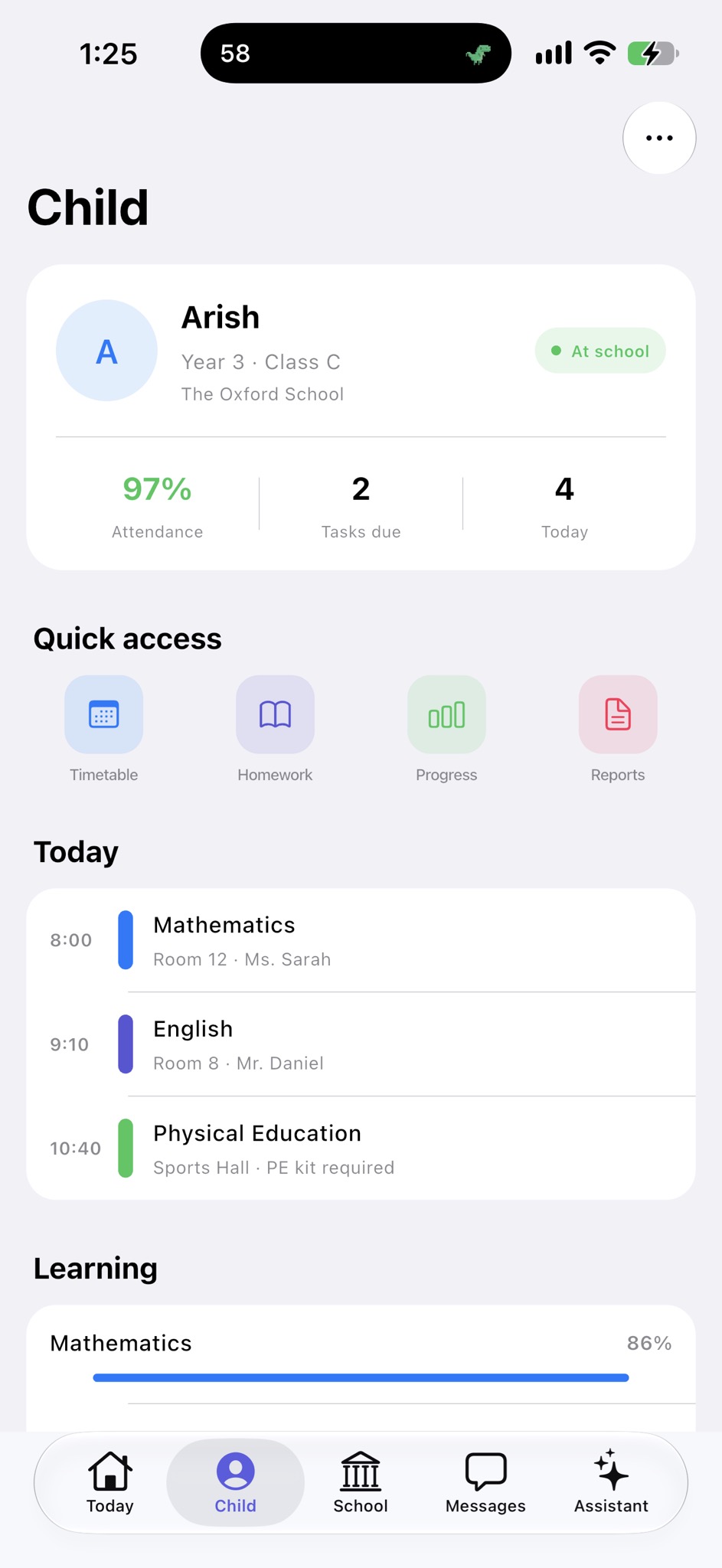 Scolivo child learning and progress screen