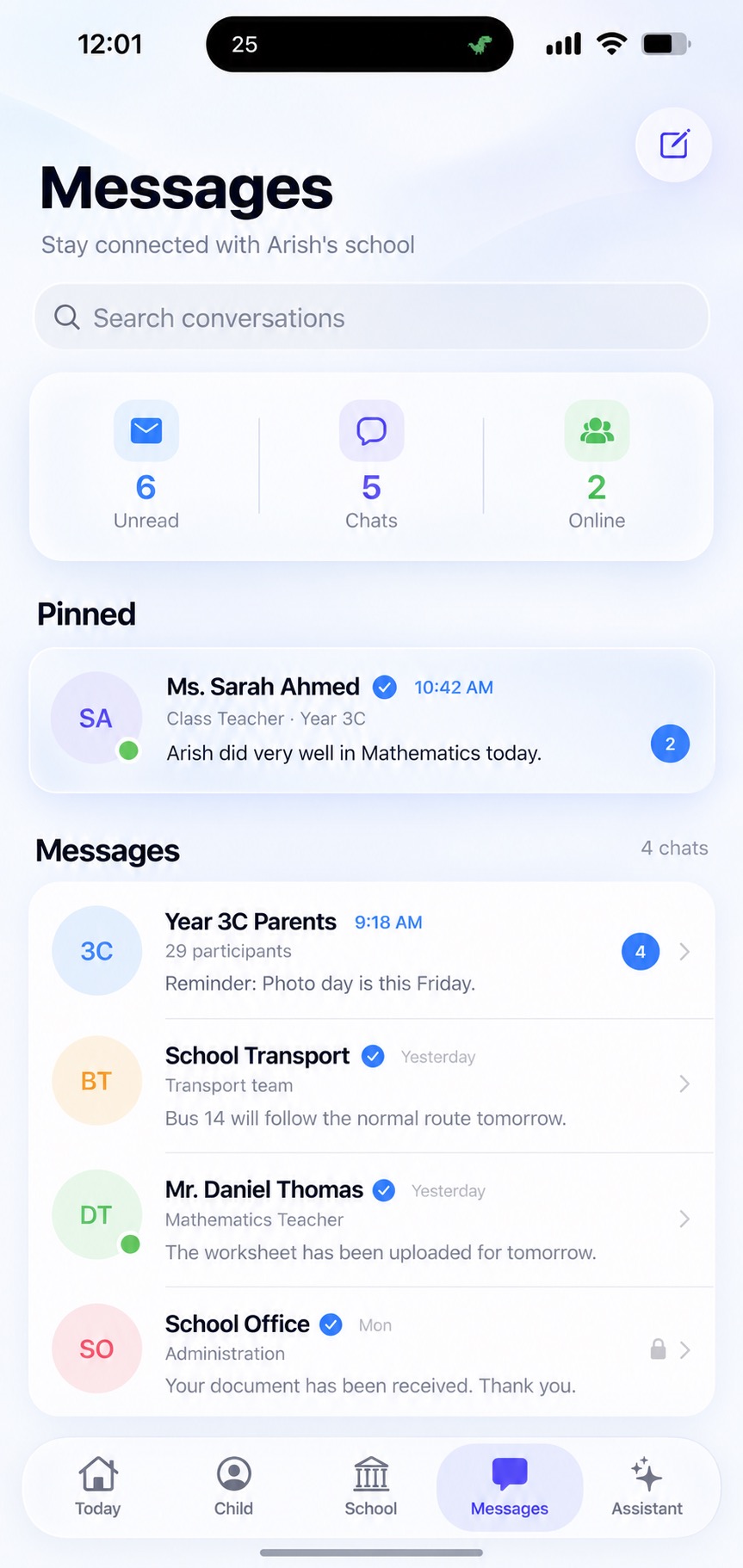 Scolivo school messages screen