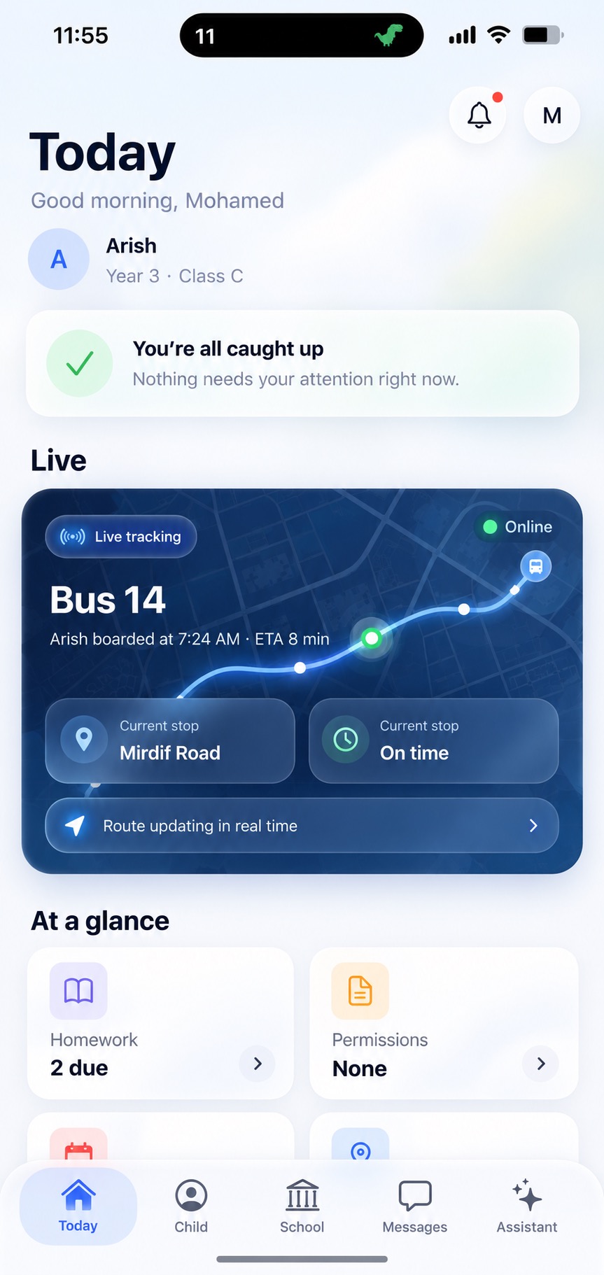 Scolivo parent Today screen showing school updates and live transport